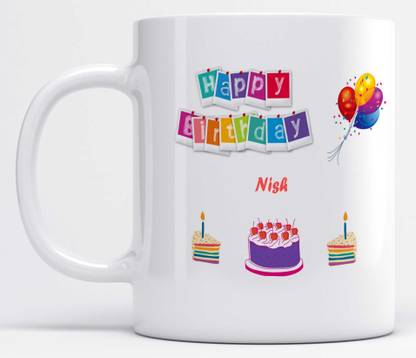 Name Nish Happy Birthday Cherry Cake Printed Ceramic Coffee Mug