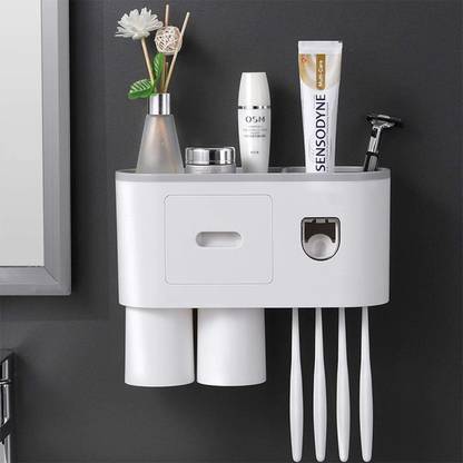 Antokin Automatic Toothpaste Dispenser Set. Suspension Rack with Storage Drawer Plastic Toothbrush Holder