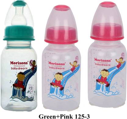 Morisons Designer Feeding Bottle 125 Ml pack of 3 (Pink 2+Green 1) - 125 ml