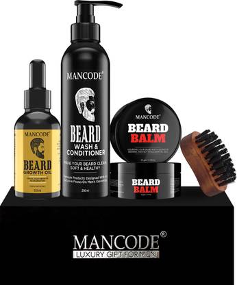 MANCODE Luxury Beard Growth Gift Set - Beard Growth Oil + Beard Balm + Beard Brush + Beard Wash & Conditioner, COMBO OF 4,