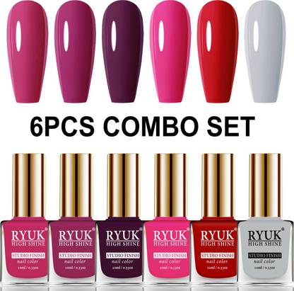 RYUK Long Shine HD Colors Nail Polish Combo Offer Set of 6 Pcs URYNK-70 Magenta, Dark Magenta, Wine, Passion Pink, Red, Cyan Blue