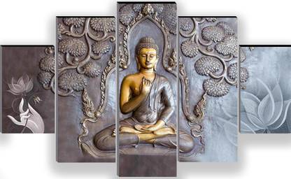 WALLMAX Set of 5 Buddha Digital Reprint 18 inch x 30 inch Painting
