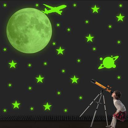 Ashamohar 29 cm Including The Glow Stars, Full Moon, Planet , Plane Wall Decals Gift Self Adhesive Sticker
