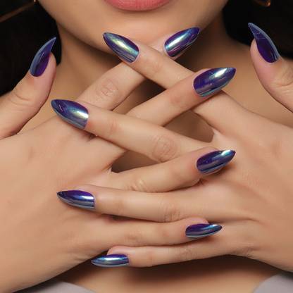 Lick - Press on Nails 12 Pcs Chromatic Reusable Artificial/Fake Nail Extension With Application Kit Metallic Blue