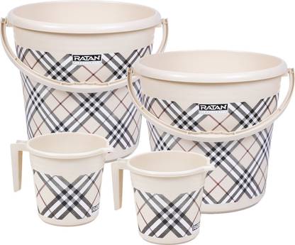 RATAN Frosty Checks Print Bathroom Set Pack of 4 (Bucket x 2, Mug x 2) 20 L Plastic Bucket