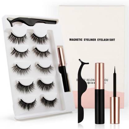 Vinayakart 3D Reusable Magnetic False Eyelashes Tool with Eyeliner- 5 Pair (10/12/13/15/16)