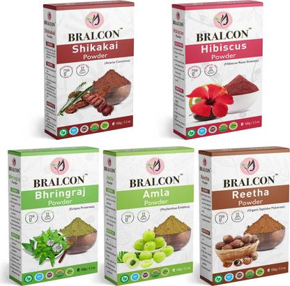 BRALCON Organic Amla, Reetha, Shikakai, Bhringraj, Hibiscus Powder Combo-(100g 5 Pack)|