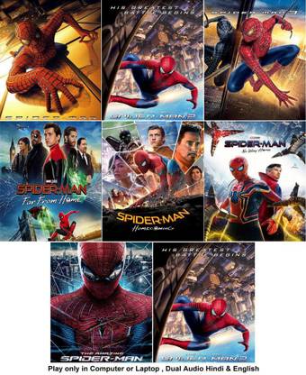 Spider-Man 1 , 2 , 3 , Spider-Man: Far from Home , Spider-Man: Homecoming , Spider-Man: No Way Home , The Amazing Spider-Man 1 & 2 (8 MOVIES) dual audio Hindi & English Play only in Computer or Laptop it's DURN DATA DVD without poster (HD PRINT QUALITY)