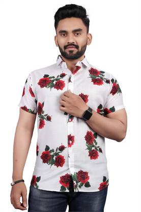 Men Floral Print Casual White, Red Shirt