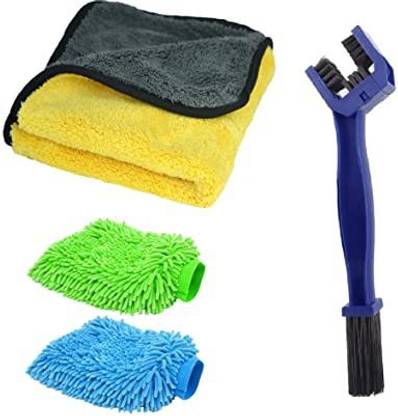 Piyush Microfiver Cloth,Chain Brush,Gloves-2 Car and and chain brush combo pack-of 4 Combo