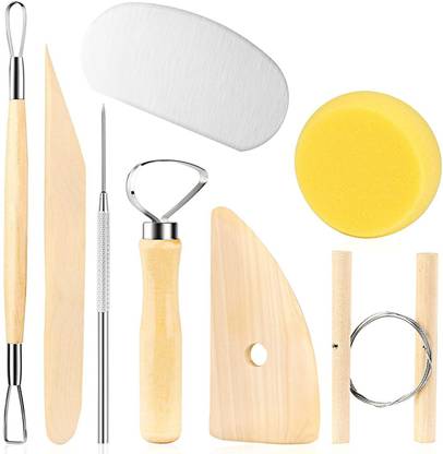 DEZIINE 8 Piece Wood and Metal Pottery Tool Kit Clay Kit Sponge