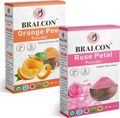 BRALCON Organic Orange Peel Powder, Rose Petal Powder Combo-(100g x2 Pack)|For Face Pack