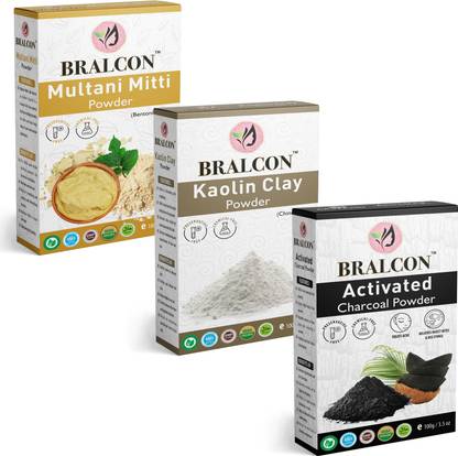 BRALCON Organic Multani Mitti, Kaolin Clay, Activated Charcoal Powder Combo- (100g x 3)