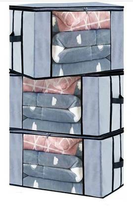 justsmartkart Rectangular Under Bed Blanket Storage Bag,Wardrobe Organizer, Blanket Cover With A Large Transparent Window And Side Handles|Blanket Organizer (Grey),Pack of 3