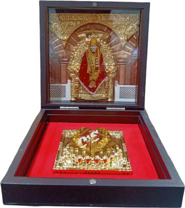 Om Sai shirdi SaiBaba Photo Frame with Charan Paduka, Sadguru Sai Wooden Momento Decorative Showpiece  -  12 cm