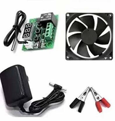 INDOUS DIY Incubator W1209 12V DC Digital Temperature Controller Board with 12v 1amp charger and 3 inch fan AND Crocodile clips Temperature Sensor and Controller Electronic Hobby Kit