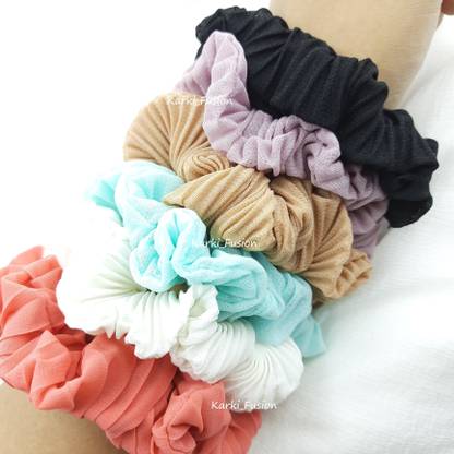 Karki Fusion Pleated Scrunchie Elastic Bands for Women Girls (Pleated scrunchie) (Pack of 6) Rubber Band