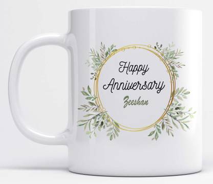 LOROFY Happy Anniversary Zeeshan Name Beautiful Leaves Design Ceramic Coffee Mug