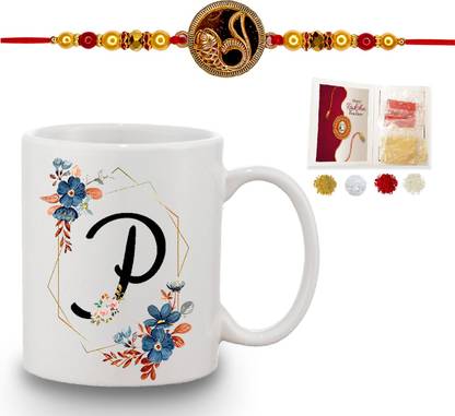 टुमंकल Fancy Rakhi Combo P Alphabet Word Text Printed Coffee Roli Tikka Pack Gift सिरेमिक मग