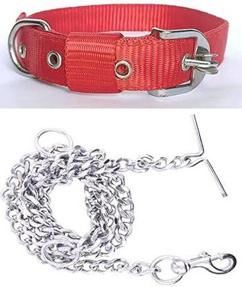 Sip Good Quality Dog Belt Combo of Nylon Red Collar with Dog Chain 1Inch Lengthy 160 cm Dog Chain Leash