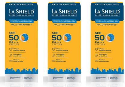 La Shield Sunscreen - SPF 50 PA+++ Mineral Sunscreen Gel For Pollution Protect - SPF 50 PA+++ ,50 g x Pack of 3