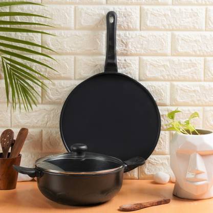 Kreme DELUXE 3mm Die Cast NonStick Kadai 260mm + Flat Tawa 300mm Non-Stick Coated Cookware Set