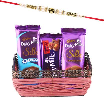SurpriseForU Cadbury Fruit N Nut & Silk Chocolate Gift Pack, Golden Pearl Rakhi Plated Gift Box