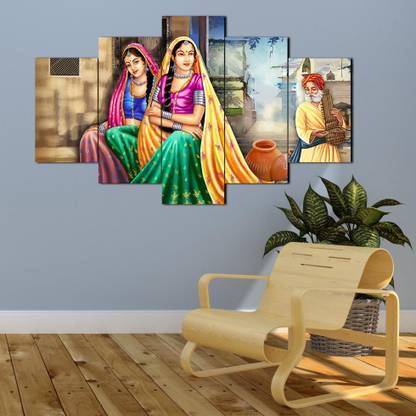 Craft Junction Rajasthani Folk Art Print Design Set of 5 MDF Self Adhesive Panel Digital Reprint 17 inch x 30 inch Painting