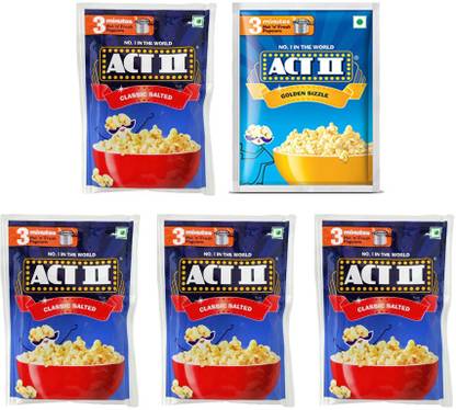 ACT II 4 Classic Salted and 1 Golden Sizzle Flavour Popcorn,Each 40g (200g,Pack of 5) Classic Salted, Golden Sizzle Popcorn