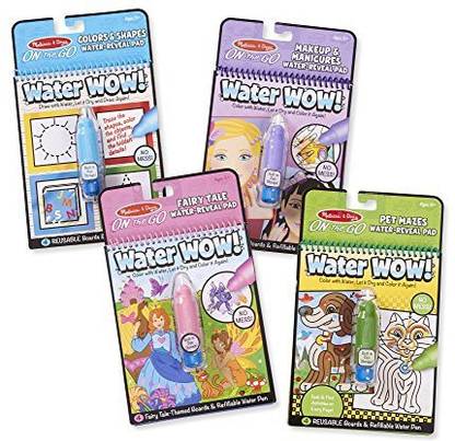 MELISSA & DOUG Water Wow Reusable Color-with-Water Travel Activity Pad 4 Pack Pets, Colors, Fairy Tale, Makeup Toy