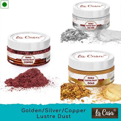 La Casa Premium Edible Lustre Dust - Gold, Copper & Silver | Pack of 3 | Pearl Dust Ideal for Cake Icing Decoration & Garnishing | 3x9gm | Glitters
