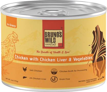 Bruno's Wild Essentials Chicken with chicken liver & Vegetables 170gms -(pack of 6) Chicken, Liver, Vegetable 0.17 kg (6x0.03 kg) Wet Adult, New Born, Senior, Young Dog Food