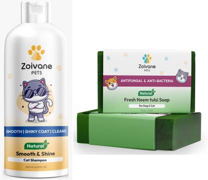Zoivane Cat Smooth & Shine Shampoo and Neem Tulsi Soap for Pet | Aloe Vera | Combo Pack Allergy Relief, Anti-microbial, Conditioning, Whitening and Color Enhancing Vanilla and Almond Dog Shampoo