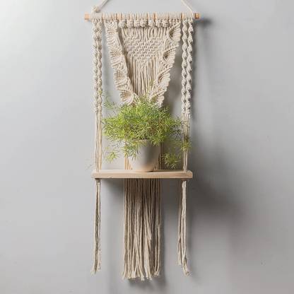 Decazone Macrame Leaf Pattern Macrame Wall Hanging Shelf Pine Wooden Shelve