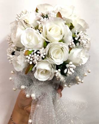 Just Flowers Artificial Natural Looking Roses Bridal Bouquet for Christian Bride White Rose Artificial Flower