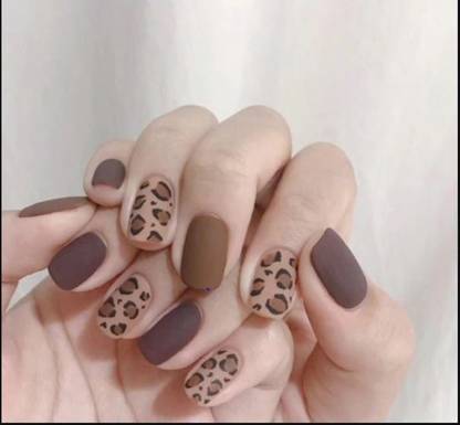 VIKSON INTERNATIONAL 24 PCS BROWN NUDE TIGER PRINT Matte finish Artificial Art Design False Nails Brown, Nude, Multicolor