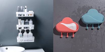 Qrex ABS Plastic Traditional Usefull Wall Shelf With Key Type Soap Holder Plastic Bathroom Set