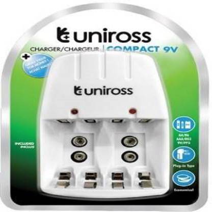 SILVER HOUSE Uniross Charger Compact 9V WITH 1 - 9 V BATTERY & 4 AA BATTERIES  Camera Battery Charger
