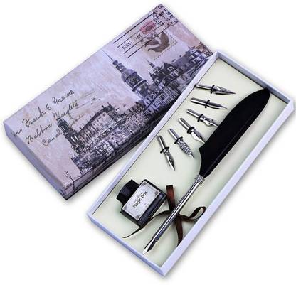 Kandle Quill Pen with Black Feather Antique Luxury Quill Pen with 6 Different Shape Nib Calligraphy