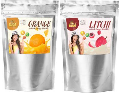 Mr.Kool Refreshing Orange, Litchi Instant Drink Mix Powder 400gm Each Energy Drink