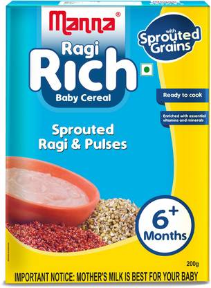 Manna Ragi Rich | Fortified Sprouted Ragi, Green Gram & Bengal Gram Cereal for Babies/ Infants (6+ Months) | No Artificial Colour, Flavour & Preservatives Cereal Cereal