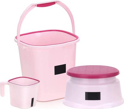 N H Enterprise New Standard Plastic Plain Design Bucket (25 L) & Stool & Mug (1.5 L) ( Peach ) 25 L Plastic Bucket