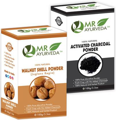 MR Ayurveda 100% Pure Walnut Shell Powder & Activated Charcoal Powder - Set of 2