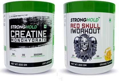Stronghold Creatine Monohydrate Unflavored 200g & Red Skull Pre-Workout Orange Flavor 300gm Combo