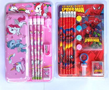 Dhintana Unicorn Stationary Kit/Spiderman Pencil Kit, Sharpner, Rubber, Stamp Art Metal Pencil Box