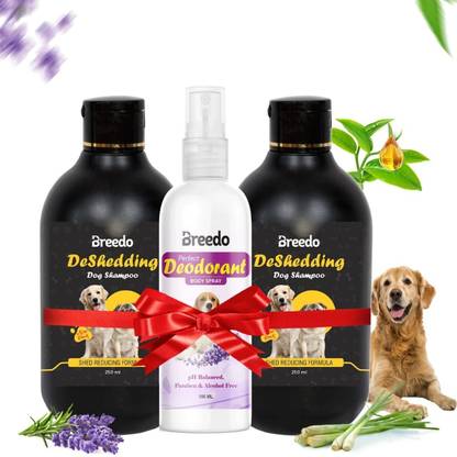 Breedo (Combo of 3) Dog & Cat Deshedding Shampoo + Deshedding Shampoo + Deodorant Spray Conditioning, Anti-fungal, Anti-microbial, Anti-itching, Anti-dandruff Natural Dog Shampoo