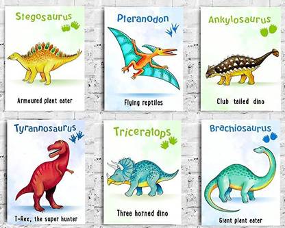 6 Pieces Dinosaur Wall Prints, with Dinosaur names and Dinosaur Feature Paper Print
