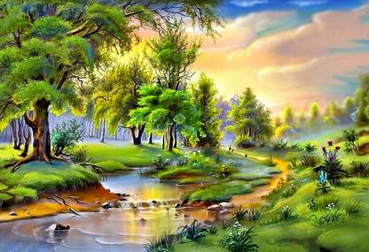 Poster Color Romantica Color Peaceful Colors Painting Water Nature Scene Beautiful Forest Lovely River Romance Pretty sl231 (Plastic Large Wall Poster, 36x24 Inches, Multicolor) Fine Art Print