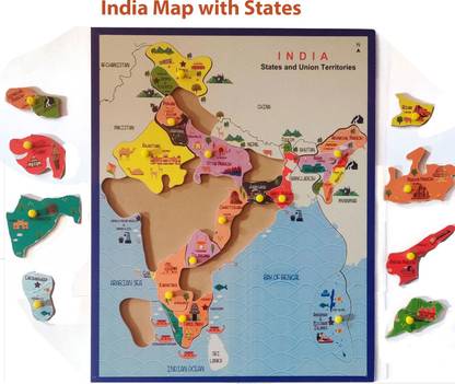Saunidh Wooden Indian Map Puzzles Bharat ka naksha with 19 Knobs, General Knowledge