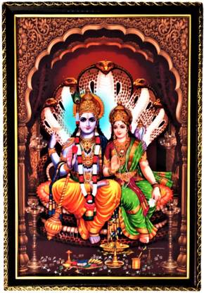 SujArta Lord Vishnu Lakshmi Photo 13 * 9 Inch Frame, Premium Vinyl Print, 4 mm Board Religious Frame